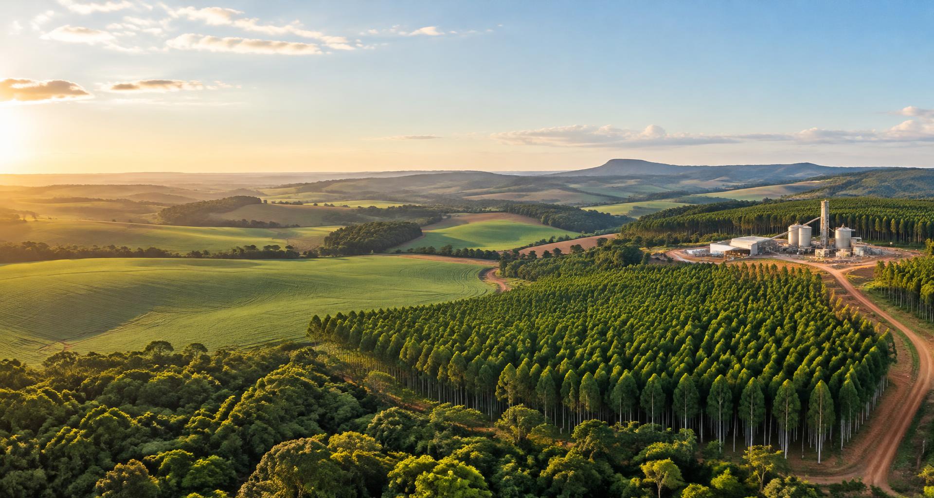 Paisagem rural com áreas produtivas, florestas e uma unidade de biomassa